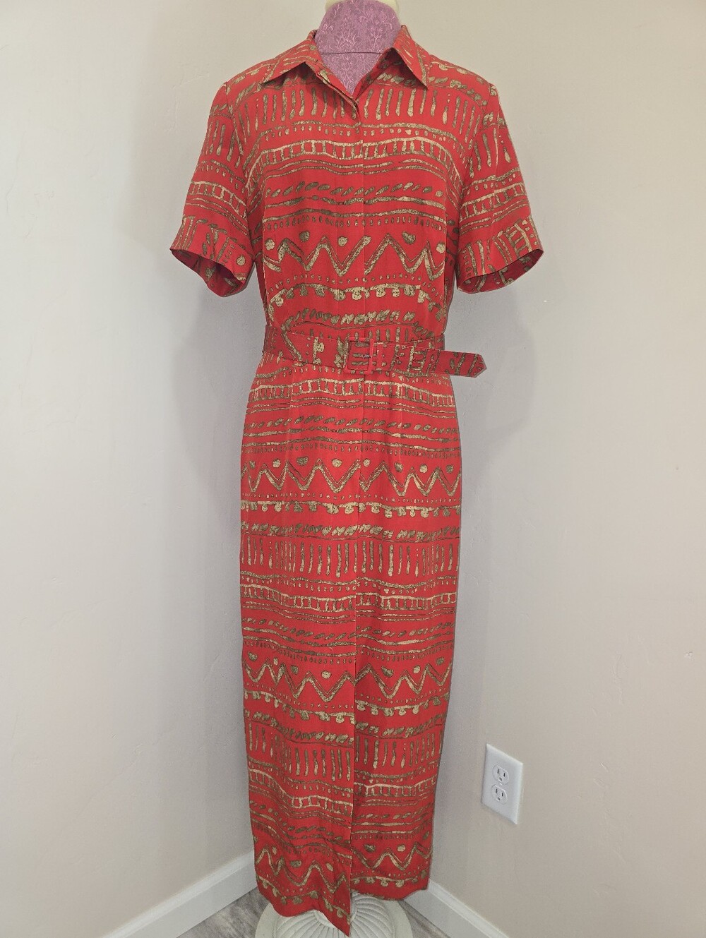 VTG Spenser Jeremy 100% Silk Red And Gold Tribal Print Dress Sz. 12 Belted Maxi